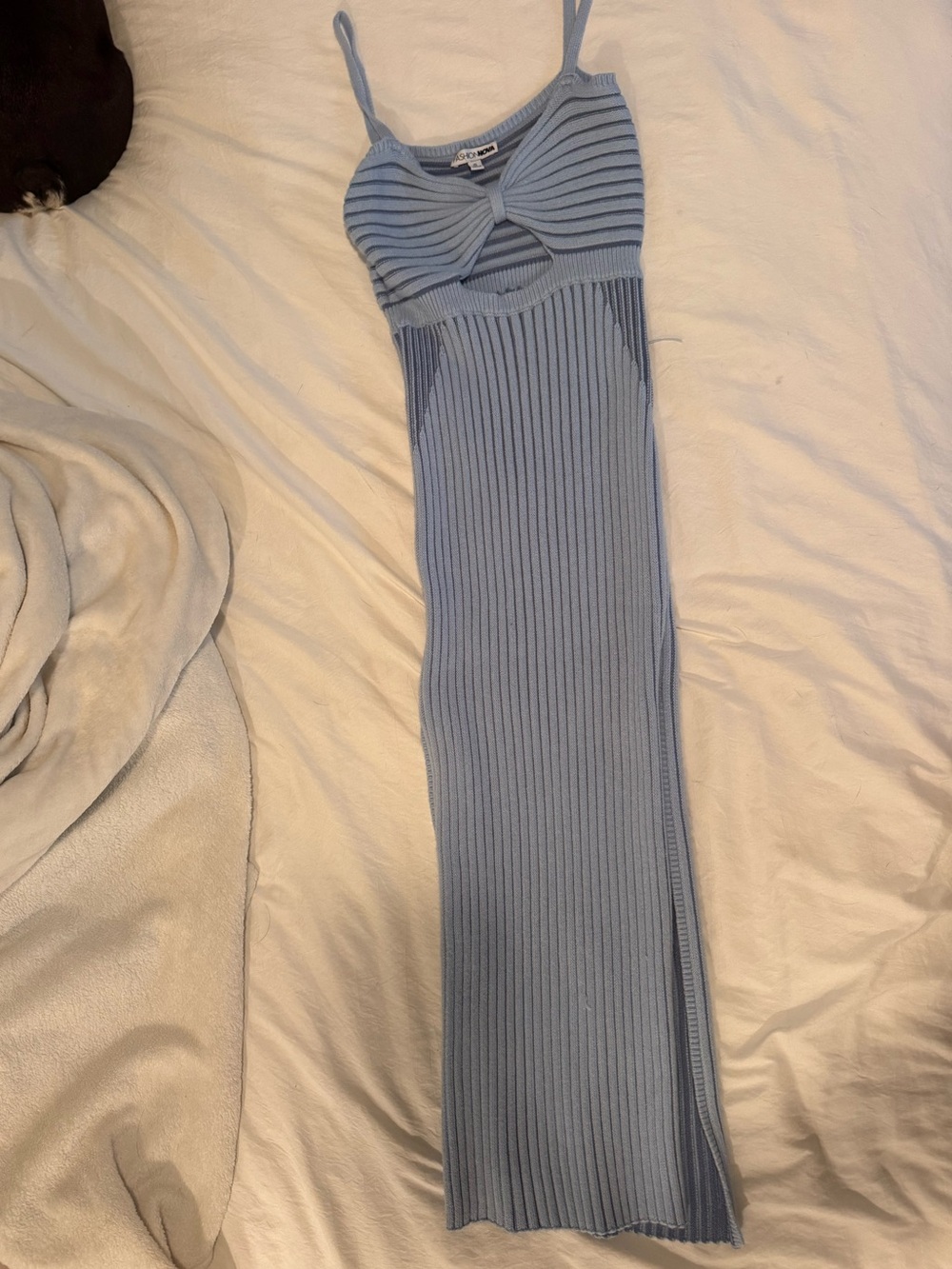 Twist-Front Light Blue Ribbed Midi Dress